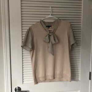 Knit Bow Tie Short Sleeve Top - Beige and Taupe